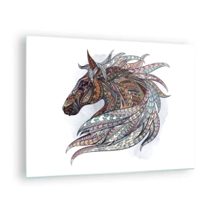 Quadro em vidro - Cavalo colorido em estilo artístico com padrões geométricos - 70x50cm - Corcel do guerreiro celta - Decoração de parede moderna para a sala de estar e quarto ARTTOR
