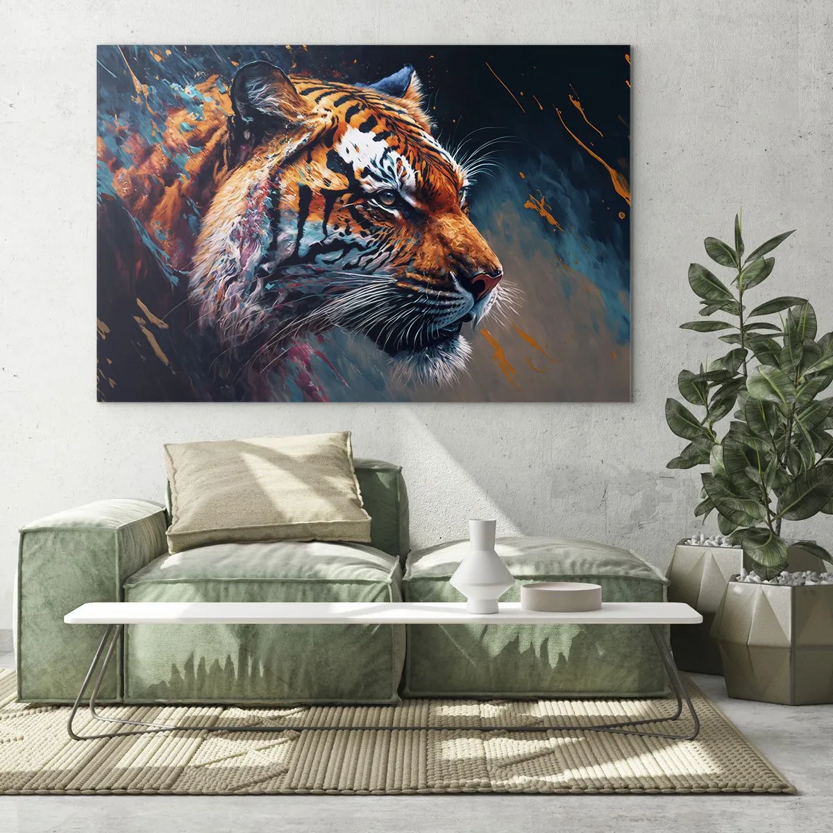 Quadro em vidro - Retrato de um tigre em uma explosão artística de cores - 70x50cm - Beleza selvagem - Decoração de parede moderna para a sala de estar e quarto ARTTOR