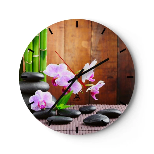 Relógio de parede - Relógio em vidro - Orquídeas roxas com bambu e pedras - 30x30cm - Experimente os prazeres do Oriente - Decoração de parede moderna para a sala de estar, cozinha e quarto ARTTOR