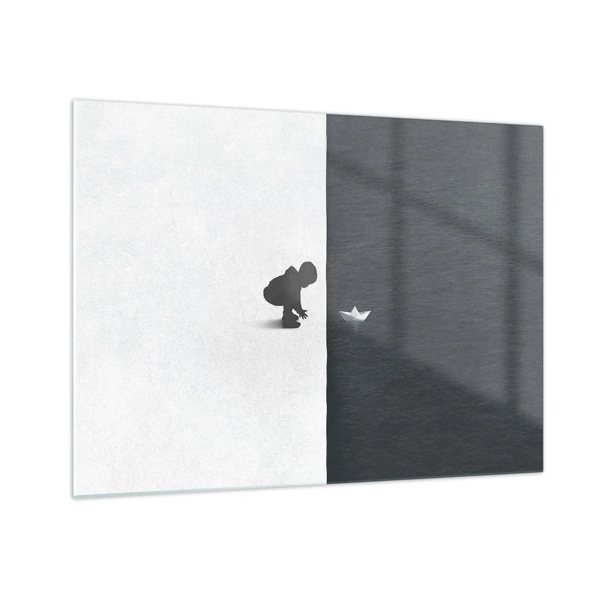 Quadro em vidro - Silhueta de uma criança lançando um barquinho de papel na água - 70x50cm - Grande expedição - Decoração de parede moderna para a sala de estar e quarto ARTTOR