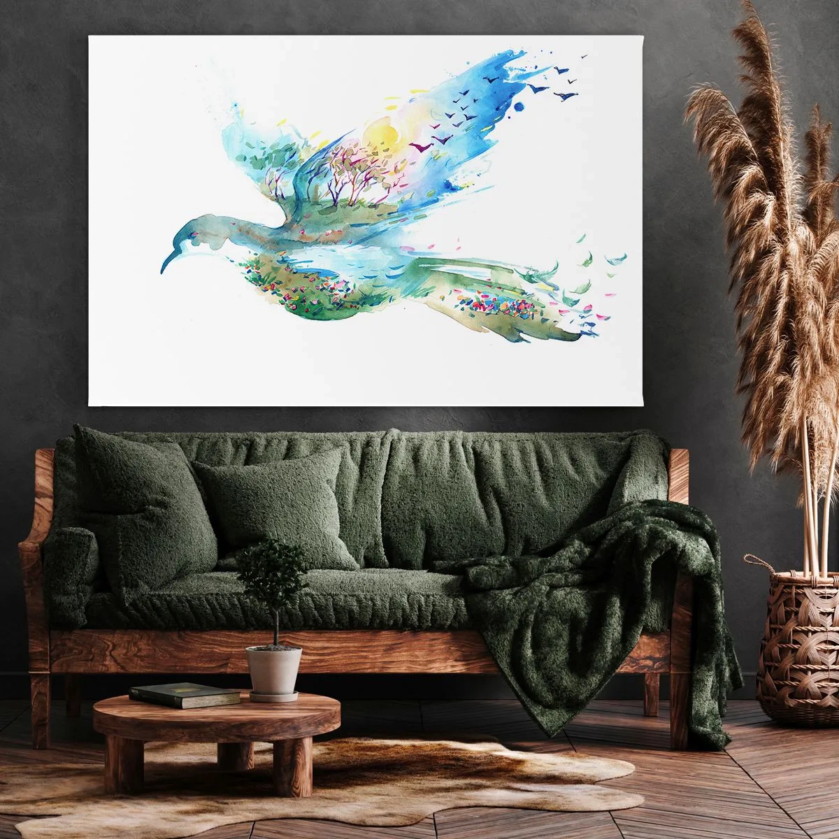 Quadro em tela - Composição em aquarela de um pássaro com elementos da natureza - 70x50cm - Nas asas da natureza - Decoração de parede moderna para a sala de estar e quarto ARTTOR