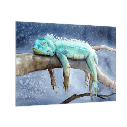 Quadro em vidro - Iguana azul deitada em um galho em estilo aquarela - 70x50cm - Estamos bem! - Decoração de parede moderna para a sala de estar e quarto ARTTOR