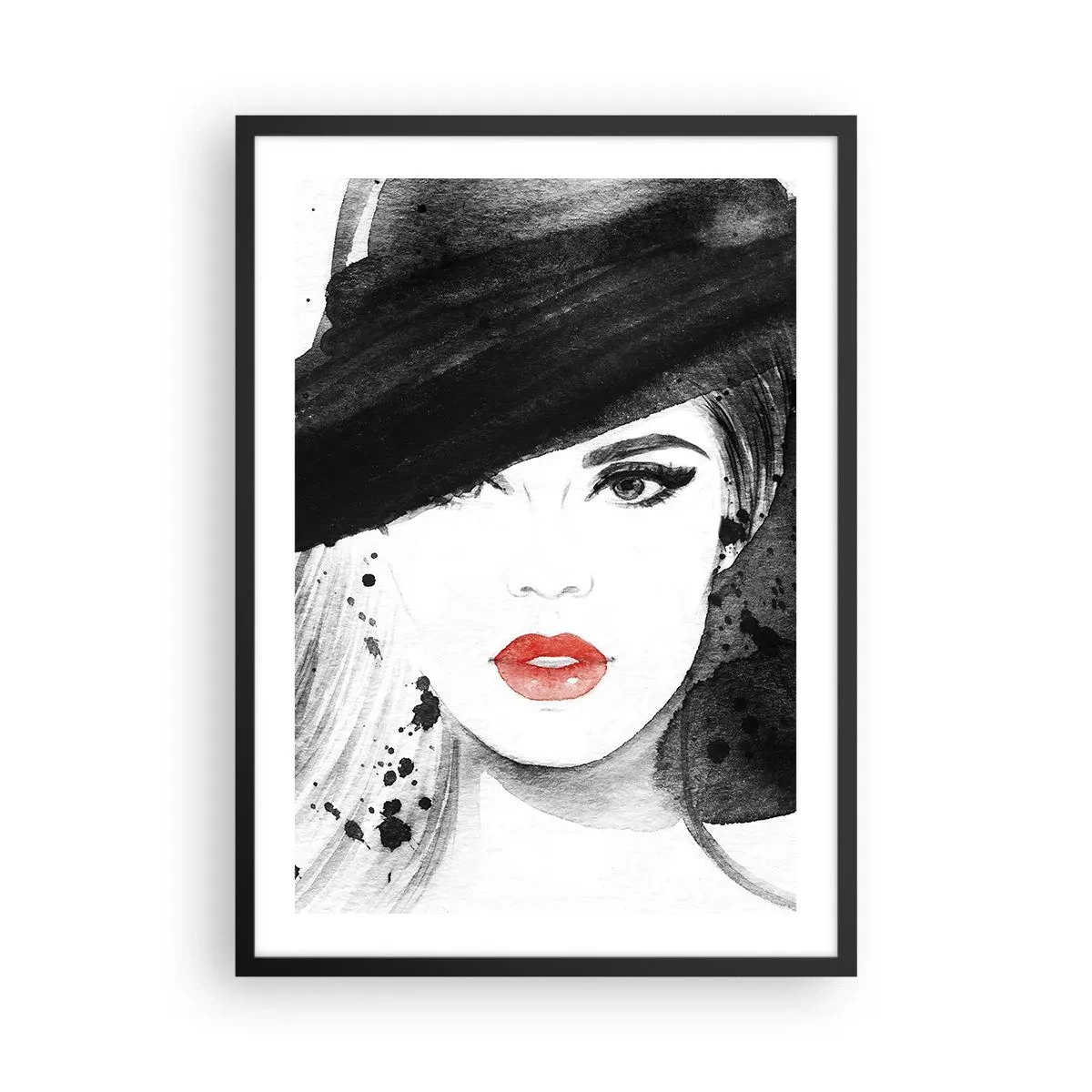 Pôster com moldura preta - Retrato de uma mulher com chapéu e batom vermelho - 50x70cm - Dama de Preto - Decoração de parede moderna para a sala de estar e quarto ARTTOR