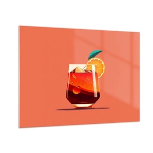 Quadro em vidro - Uma bebida colorida com laranja em um fundo de pêssego quente - 70x50cm - Refresco de verão - Decoração de parede moderna para a sala de estar e quarto ARTTOR