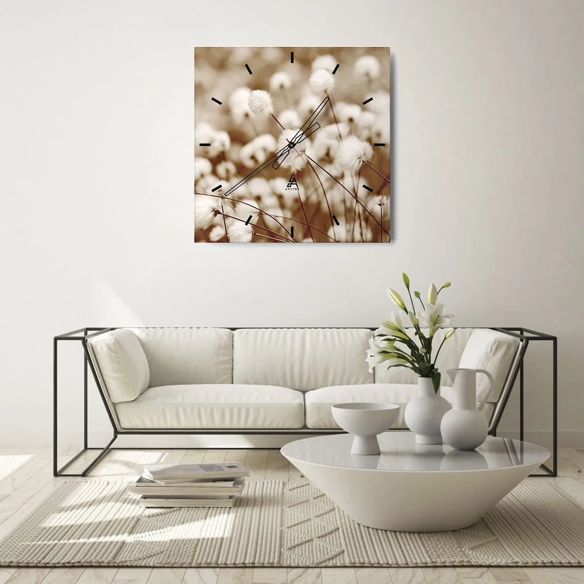 Relógio de parede - Relógio em vidro - Campos felpudos - 40x40 cm