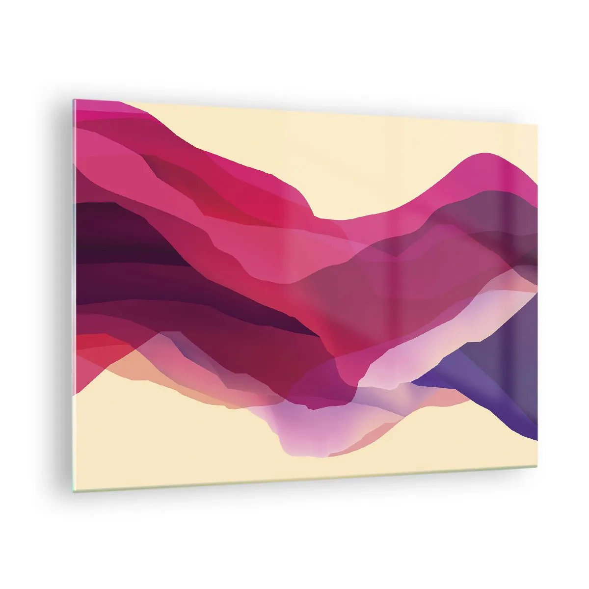 Quadro em vidro - Ondas abstratas em tons de roxo e rosa sobre um fundo claro - 70x50cm - Ondas de roxo - Decoração de parede moderna para a sala de estar e quarto ARTTOR