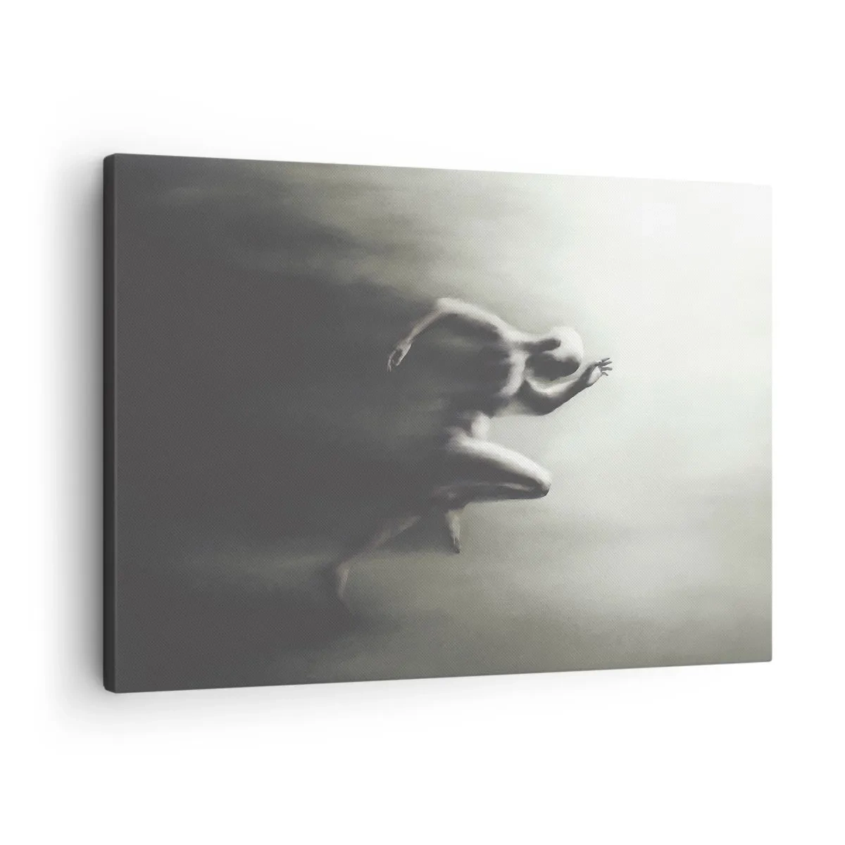 Quadro em tela - Uma silhueta em preto e branco de uma figura correndo em um estilo dinâmico e surreal. - 70x50cm - Irresistível - Decoração de parede moderna para a sala de estar e quarto ARTTOR