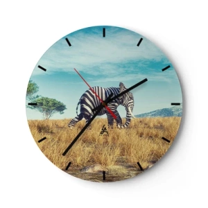 Relógio de parede - Relógio em vidro - Um elefante com listras pretas e brancas de zebra na savana - 30x30cm - Cinza não está mais na moda - Decoração de parede moderna para a sala de estar, cozinha e quarto ARTTOR