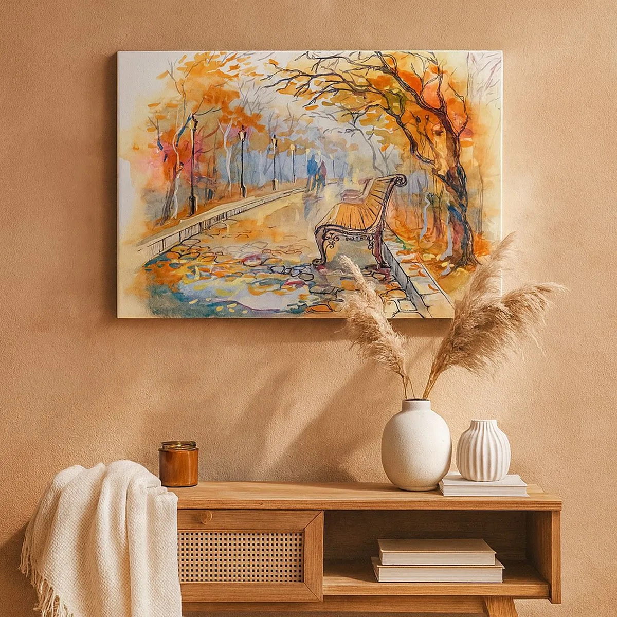 Quadro em tela - Um parque de outono com um banco em aquarela - 70x50cm - Juntos pelo outono - Decoração de parede moderna para a sala de estar e quarto ARTTOR