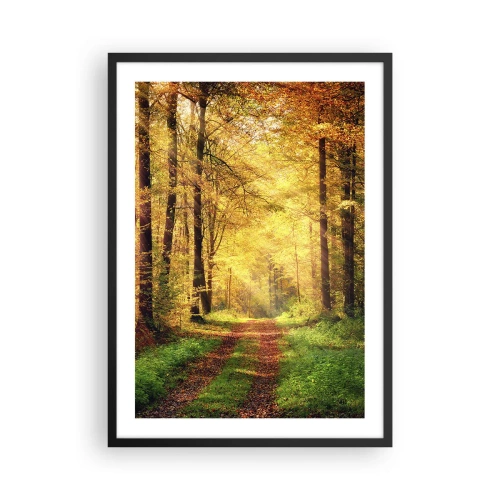 Pôster com moldura preta - Um caminho na floresta à luz do sol dourado do outono - 50x70cm - Silêncio dourado da floresta - Decoração de parede moderna para a sala de estar e quarto ARTTOR
