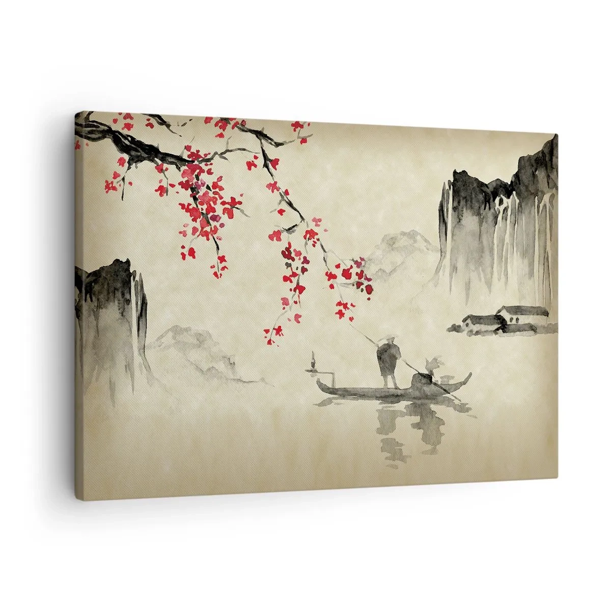 Quadro em tela - Ilustração oriental com um barco e um galho florido - 70x50cm - Na terra do sol nascente - Decoração de parede moderna para a sala de estar e quarto ARTTOR
