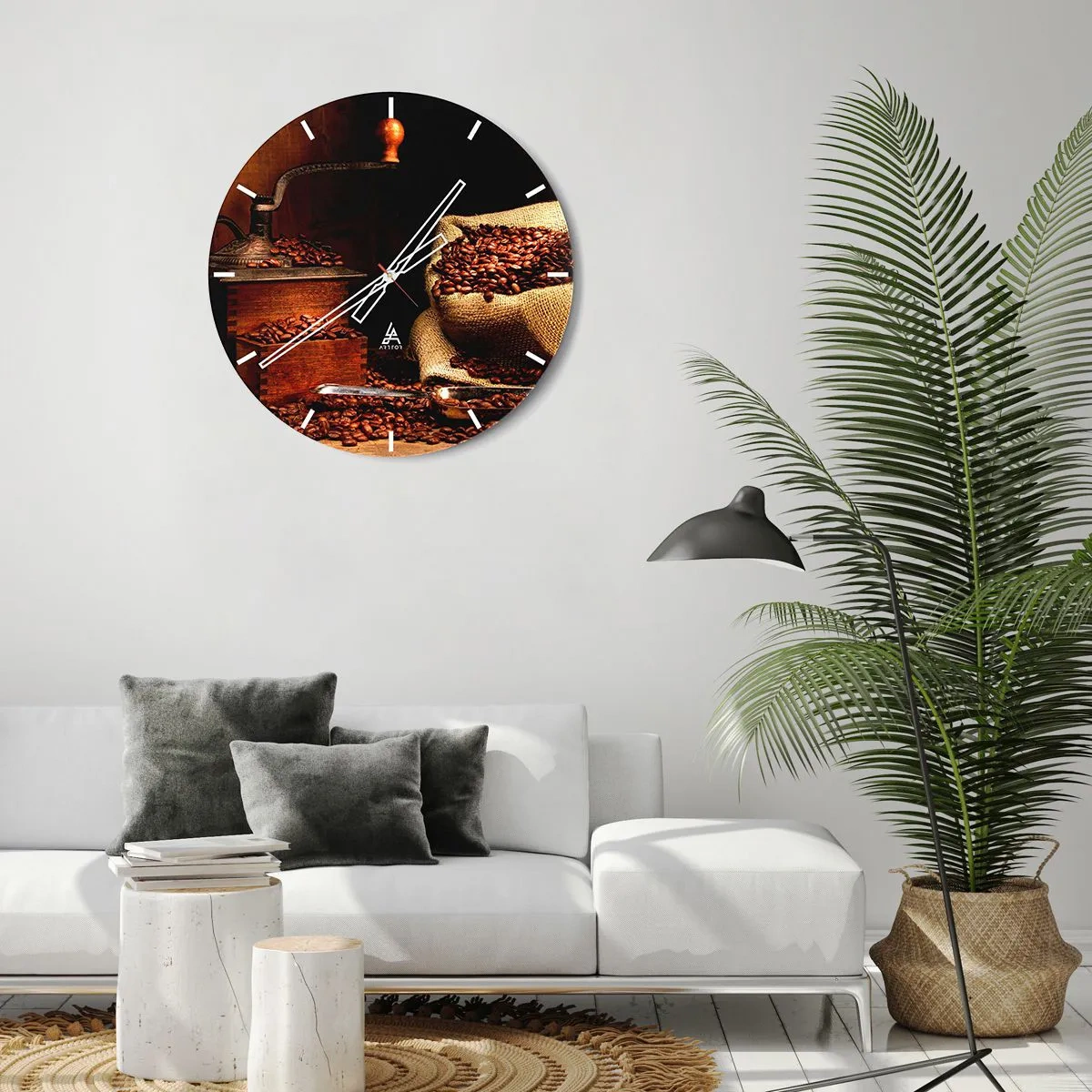 Relógio de parede - Relógio em vidro - Natureza morta com grãos de café e moedor - 40x40 cm