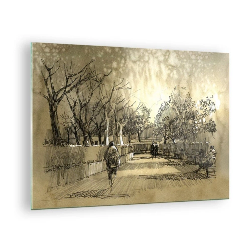Quadro em vidro - Um desenho de um parque com caminhos e pessoas caminhando - 70x50cm - Um momento capturado por uma pena - Decoração de parede moderna para a sala de estar e quarto ARTTOR