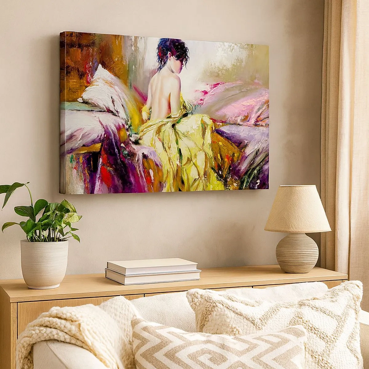 Quadro em tela - Uma cena pictórica de uma mulher em uma cama em uma atmosfera romântica - 70x50cm - Entre a boca e a borda do copo - Decoração de parede moderna para a sala de estar e quarto ARTTOR