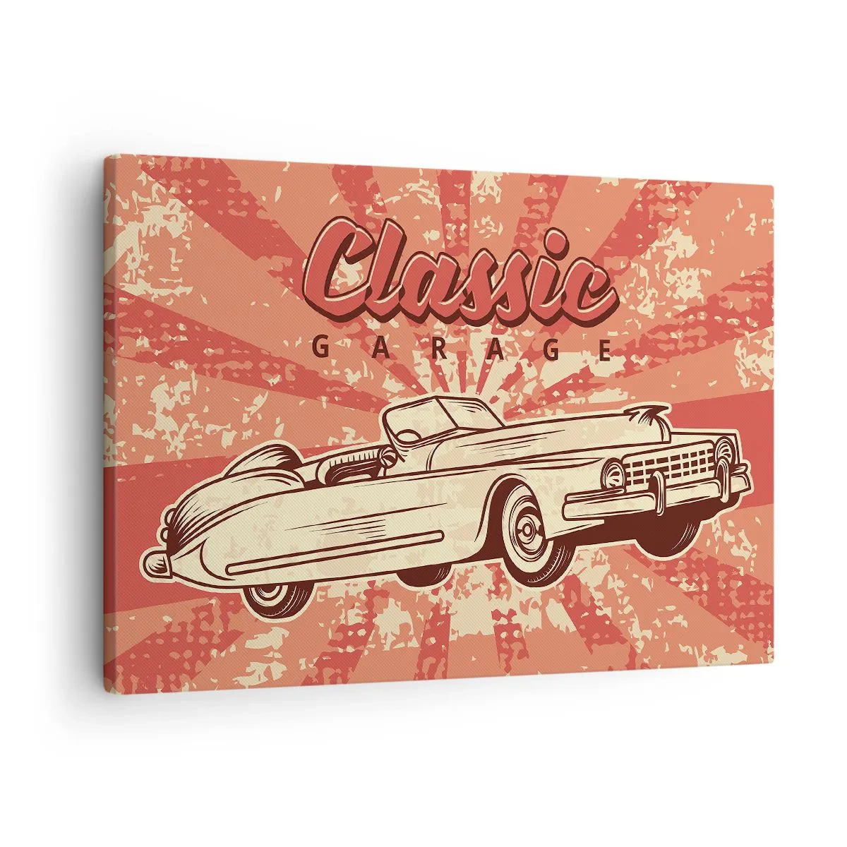 Quadro em tela - Pôster retrô com um carro clássico e as palavras Classic Garage - 70x50cm - E na rádio Elvis - Decoração de parede moderna para a sala de estar e quarto ARTTOR