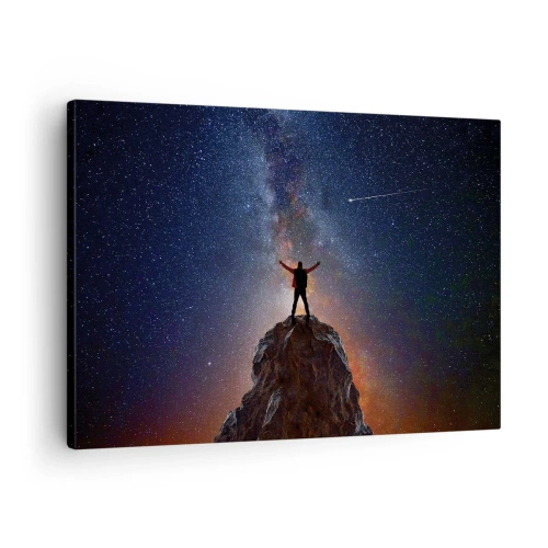 Quadro em tela - Uma figura no topo de uma montanha sob um céu estrelado - 70x50cm - A força está comigo! - Decoração de parede moderna para a sala de estar e quarto ARTTOR