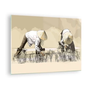Quadro em vidro - Uma ilustração minimalista de agricultores trabalhando - 70x50cm - Boa colheita  - Decoração de parede moderna para a sala de estar e quarto ARTTOR