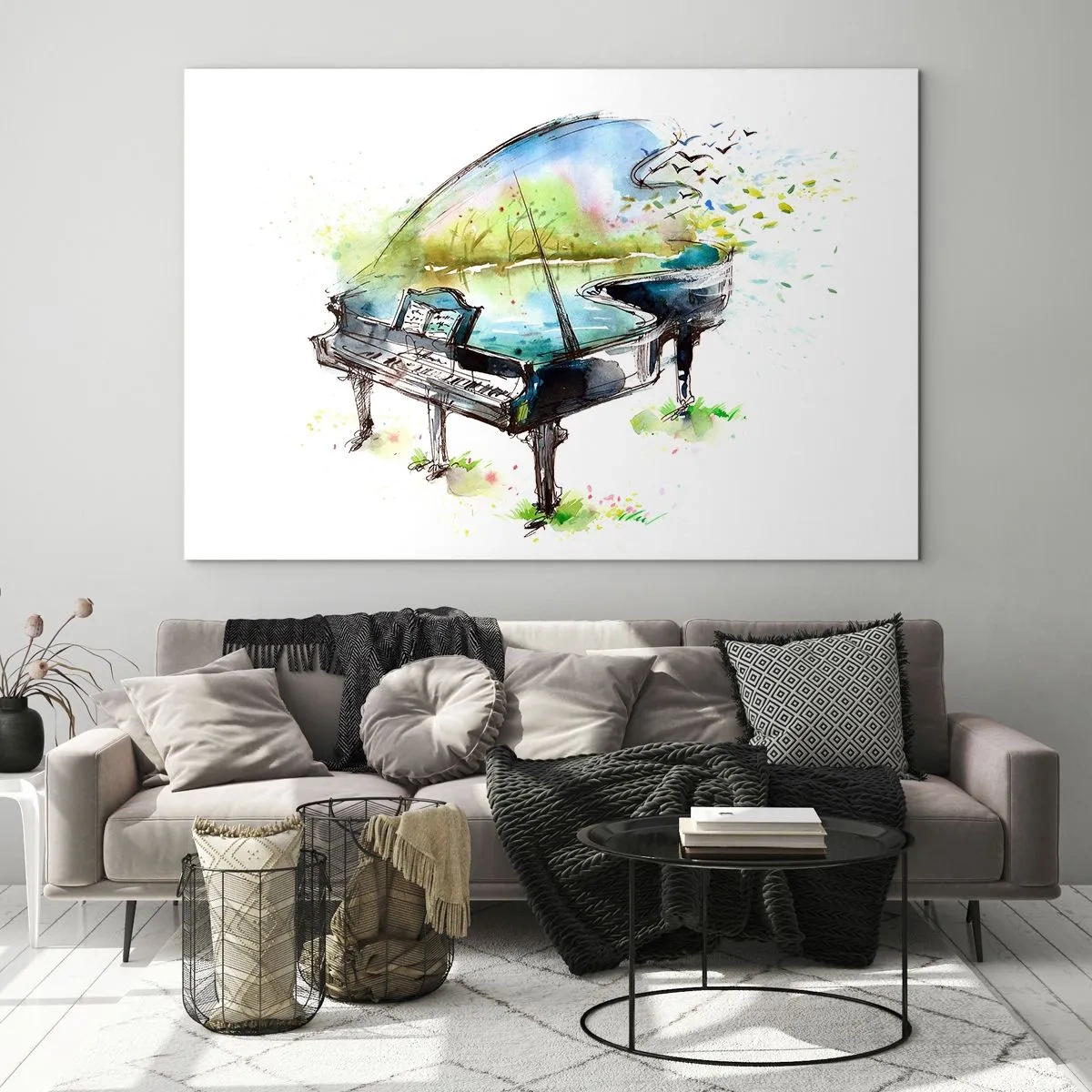Quadro em vidro - Aquarela de um piano cercado pela natureza - 70x50cm - Encantado pela música - Decoração de parede moderna para a sala de estar e quarto ARTTOR