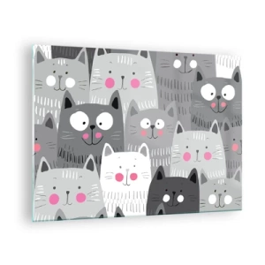 Quadro em vidro - Gatos engraçados em cores cinza sobre fundo branco - 70x50cm - O mundo dos gatos - Decoração de parede moderna para a sala de estar e quarto ARTTOR