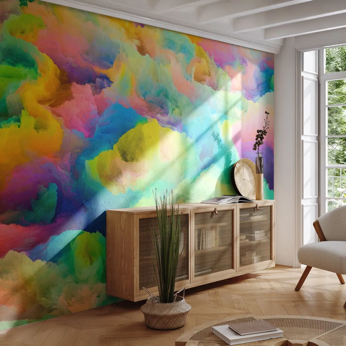 Papel de Parede Premium Sand - Penugem arco-íris - Abstração, Pedaço, Cores pastel - 200x140 cm
