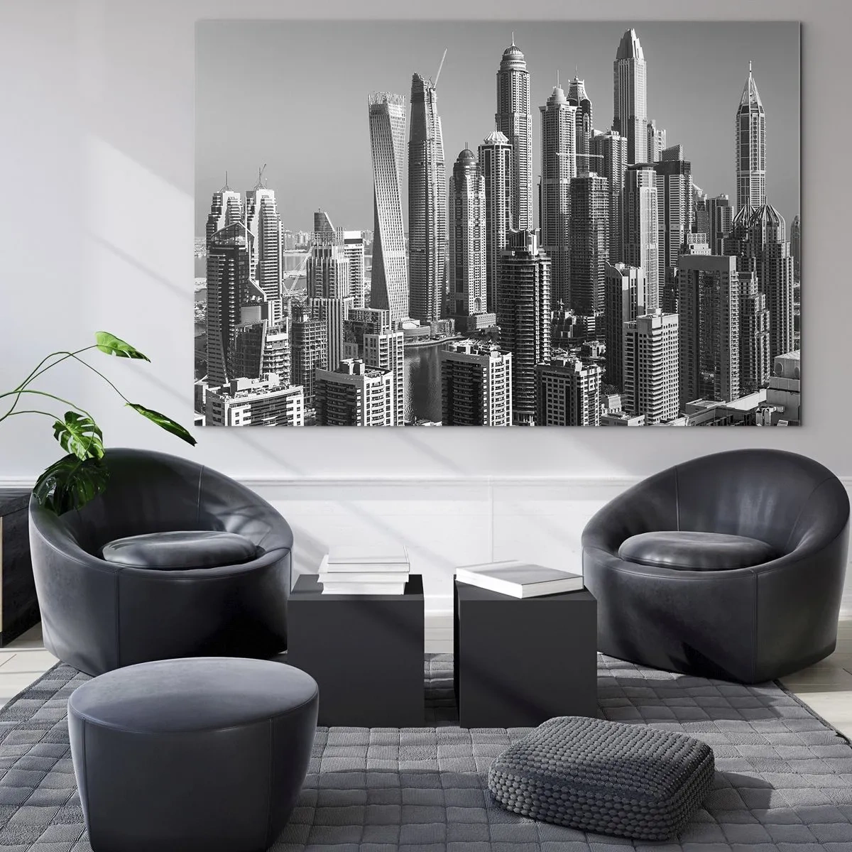 Quadro em vidro - Panorama em preto e branco dos arranha-céus da cidade - 70x50cm - A cidade sobre o deserto - Decoração de parede moderna para a sala de estar e quarto ARTTOR