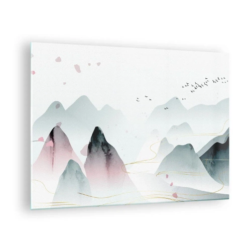 Quadro em vidro - Montanhas pastéis com um bando de pássaros voando e linhas douradas - 70x50cm - Acima dos picos - Decoração de parede moderna para a sala de estar e quarto ARTTOR