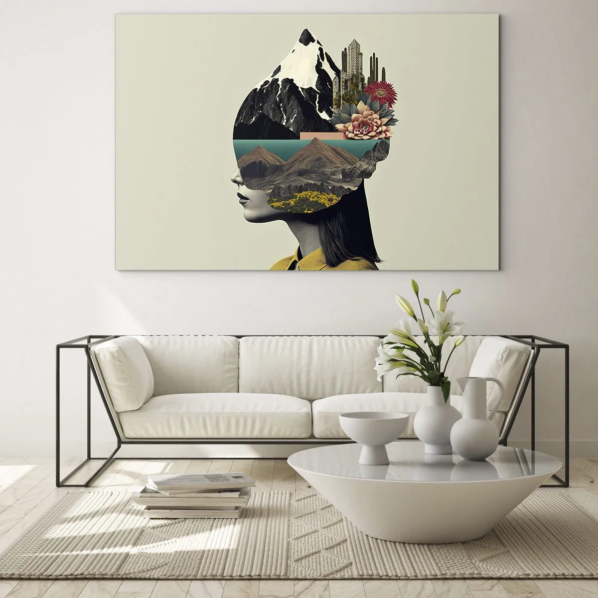 Quadro em vidro - Silhueta de uma mulher com uma paisagem de montanha e flora na cabeça - 70x50cm - Mulher – sempre um mistério - Decoração de parede moderna para a sala de estar e quarto ARTTOR