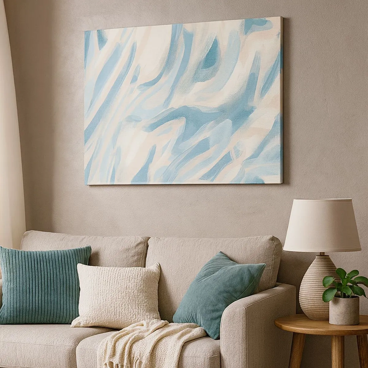 Quadro em tela - Listras azuis abstratas em um fundo claro - 70x50cm - Brisas de primavera - Decoração de parede moderna para a sala de estar e quarto ARTTOR