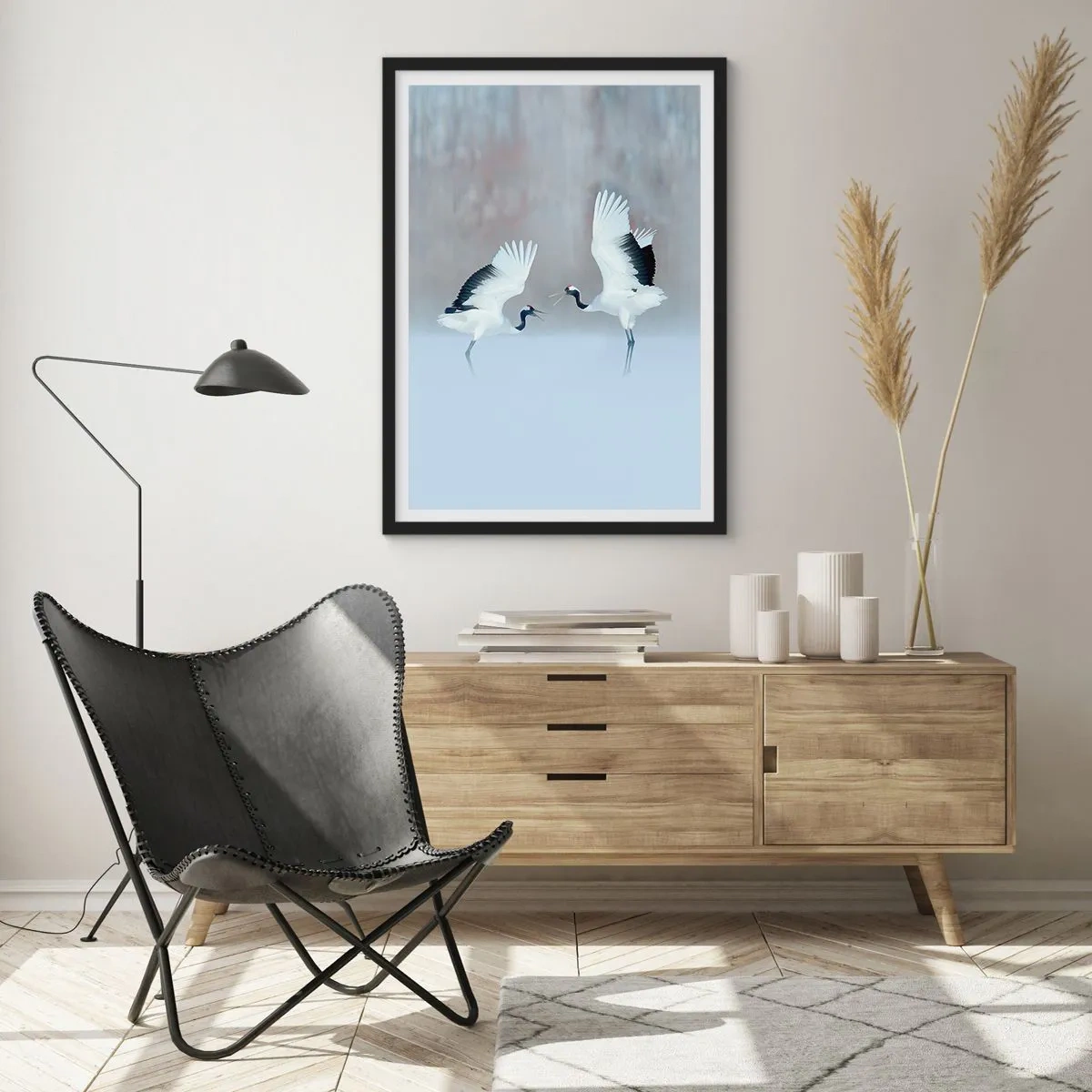 Pôster com moldura preta - Guindastes dançantes tendo como pano de fundo uma paisagem de inverno - 50x70cm - Dança no nevoeiro - Decoração de parede moderna para a sala de estar e quarto ARTTOR