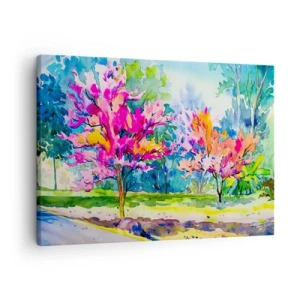 Quadro em tela - Árvores coloridas em um parque em estilo aquarela - 70x50cm - Um jardim arco-íris no brilho da primavera - Decoração de parede moderna para a sala de estar e quarto ARTTOR