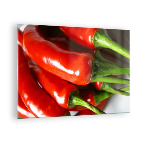 Quadro em vidro - Pimentas vermelhas com talos verdes - 70x50cm - Suculento, brilhante, liso - Decoração de parede moderna para a sala de estar e quarto ARTTOR