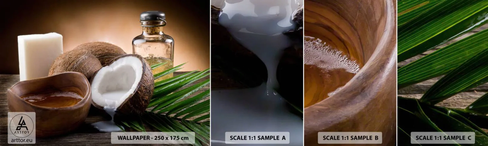 Amostra de papel de parede autocolante Deluxe Sticker - Saúde das ilhas tropicais - Coco, Spa, Óleo de côco - 100x30 cm