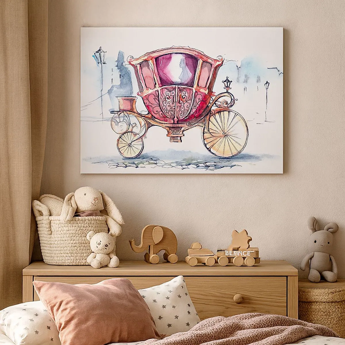 Quadro em tela - Uma ilustração elegante de uma carruagem antiga em cores pastel. - 70x50cm - Para um casamento ou para um baile? - Decoração de parede moderna para a sala de estar e quarto ARTTOR