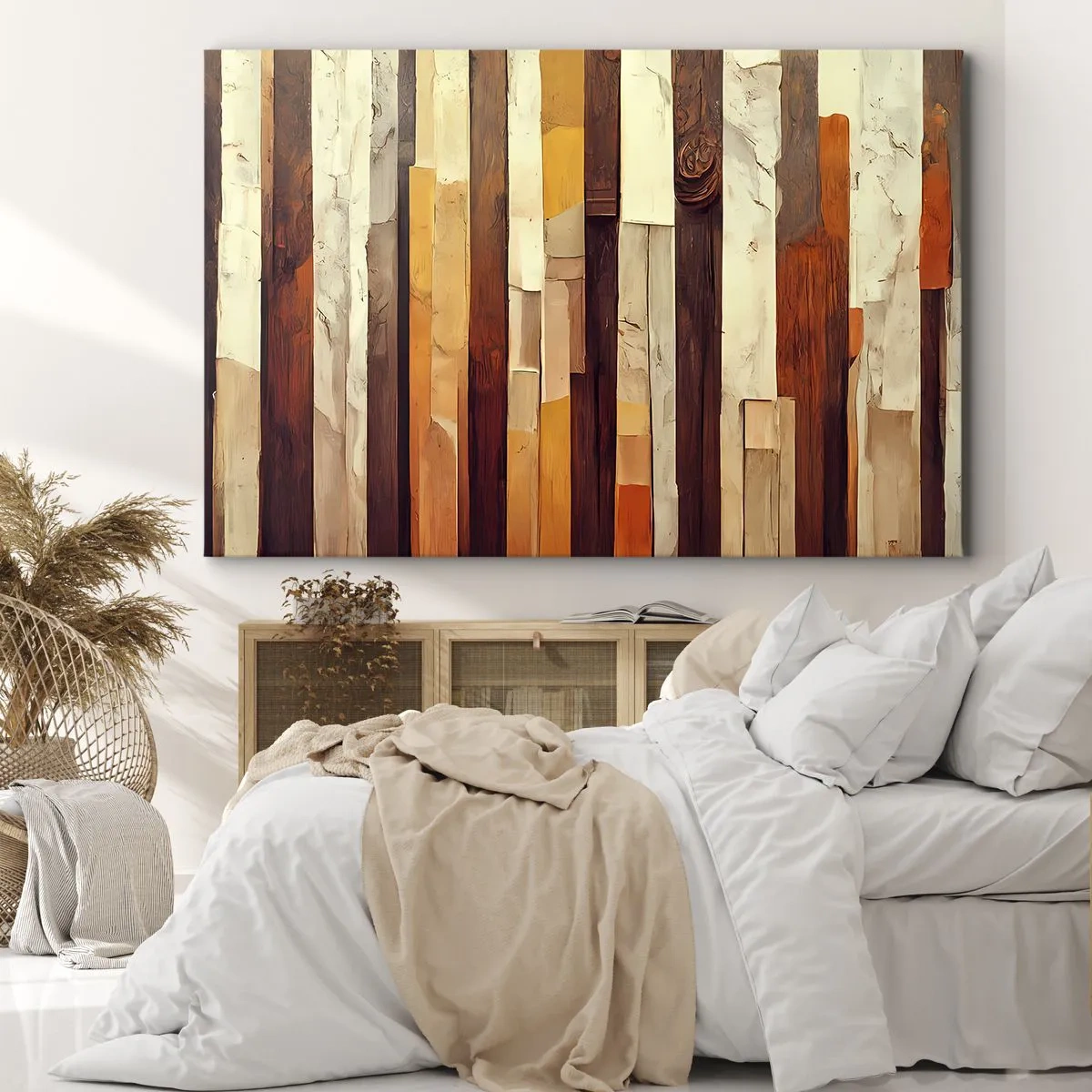 Quadro em tela - Composição geométrica em tons de madeira e dourado - 70x50cm - Hino das árvores da floresta - Decoração de parede moderna para a sala de estar e quarto ARTTOR