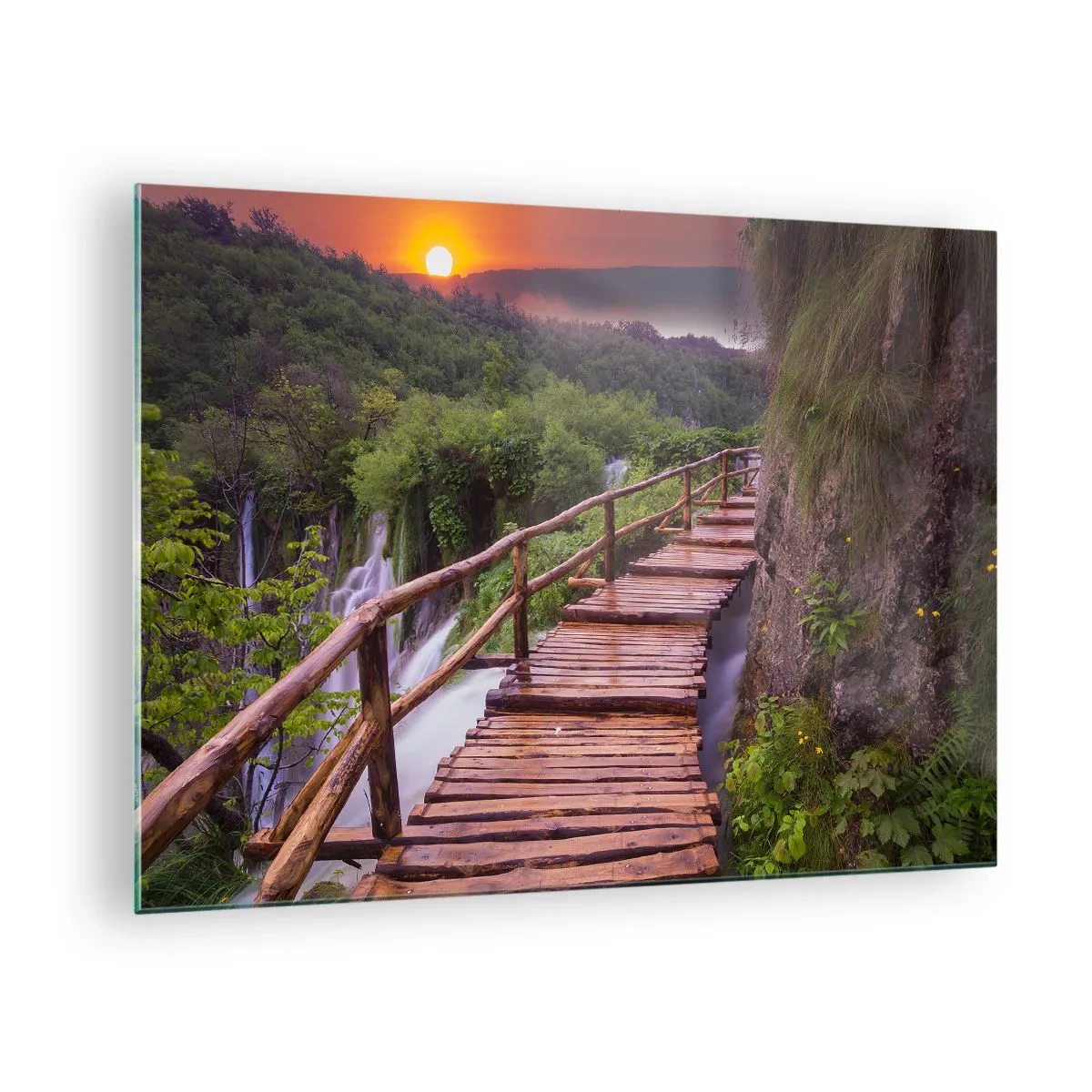 Quadro em vidro - Um caminho de madeira entre a vegetação ao pôr do sol - 70x50cm - Beleza inacreditável - Decoração de parede moderna para a sala de estar e quarto ARTTOR