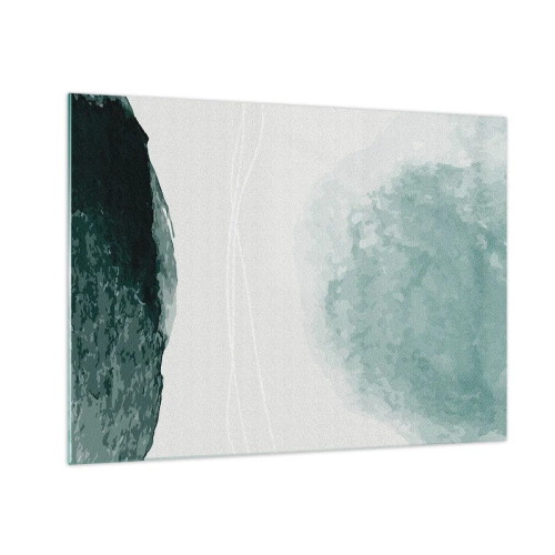 Quadro em vidro - Formas abstratas verdes em um fundo claro que lembra neblina - 70x50cm - Encontro com a neblina - Decoração de parede moderna para a sala de estar e quarto ARTTOR