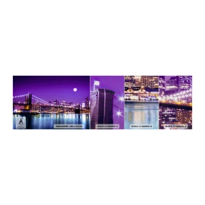 Amostra de papel de parede Premium Canvas - Luzes de uma grande cidade em roxo - Cidade, Nova Iorque, Ponte do Brooklyn - 100x30 cm