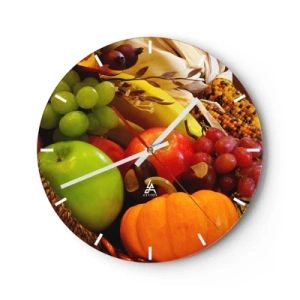 Relógio de parede - Relógio em vidro - Frutas e vegetais de outono em uma cesta - 30x30cm - O cesto da colheita - Decoração de parede moderna para a sala de estar, cozinha e quarto ARTTOR