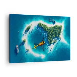 Quadro em tela - Uma ilha tropical cercada por águas azul-turquesa com um helicóptero à vista - 70x50cm - Compre uma ilha para si - Decoração de parede moderna para a sala de estar e quarto ARTTOR