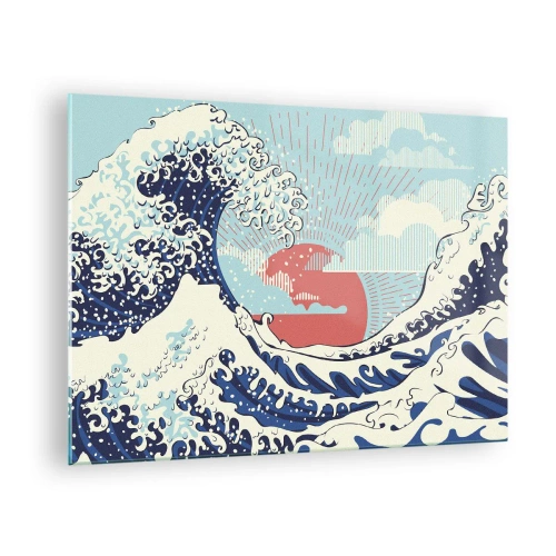 Quadro em vidro - Uma onda estilizada inspirada na arte japonesa - 70x50cm - Das inspirações japonesas - Decoração de parede moderna para a sala de estar e quarto ARTTOR
