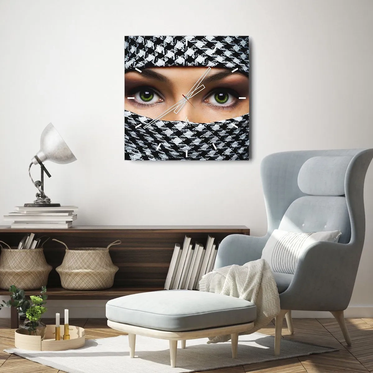 Relógio de parede - Relógio em vidro - Retrato de uma beleza velada de olhos verdes - 40x40 cm
