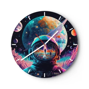 Relógio de parede - Relógio em vidro - Astronauta no espaço colorido com reflexo do planeta - 30x30cm - Os filósofos não sonharam com isso - Decoração de parede moderna para a sala de estar, cozinha e quarto ARTTOR