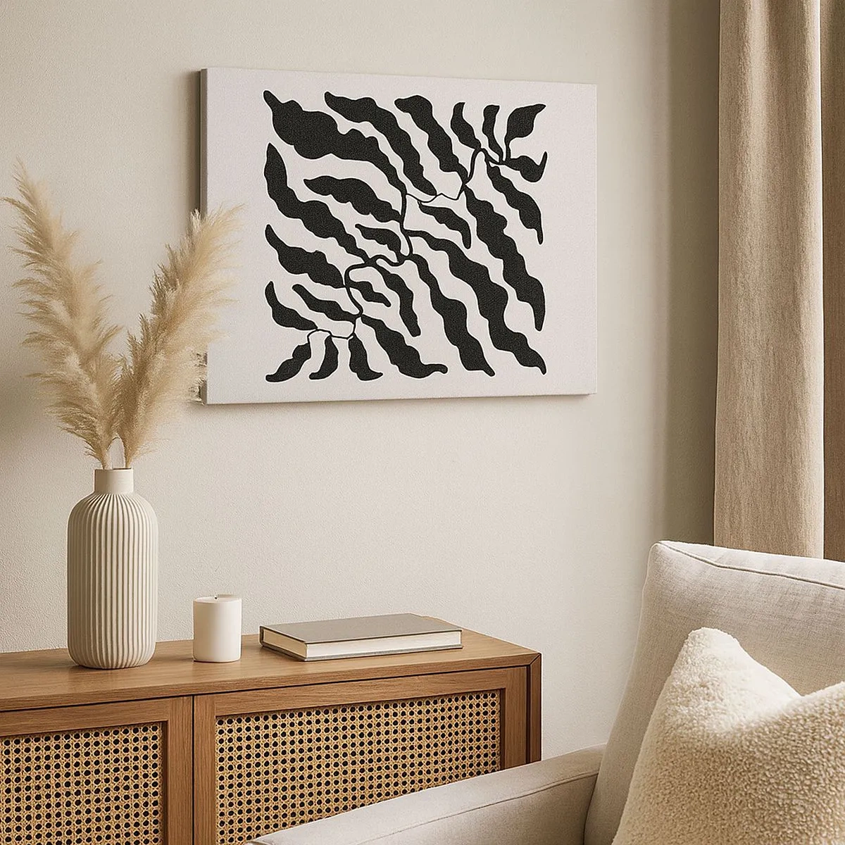 Quadro em tela - Galhos com folhas em preto sobre fundo claro - 70x50cm - A natureza da praça - Decoração de parede moderna para a sala de estar e quarto ARTTOR