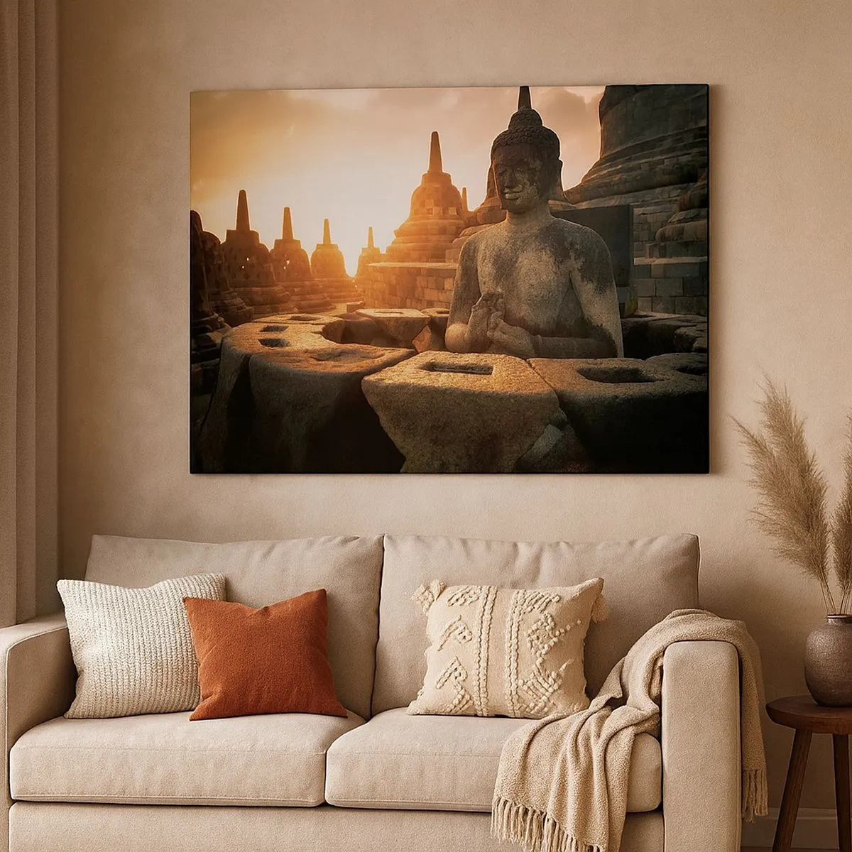 Quadro em tela - Estátua de Buda no Templo Borobudur ao pôr do sol - 70x50cm - Clima de grande sabedoria - Decoração de parede moderna para a sala de estar e quarto ARTTOR