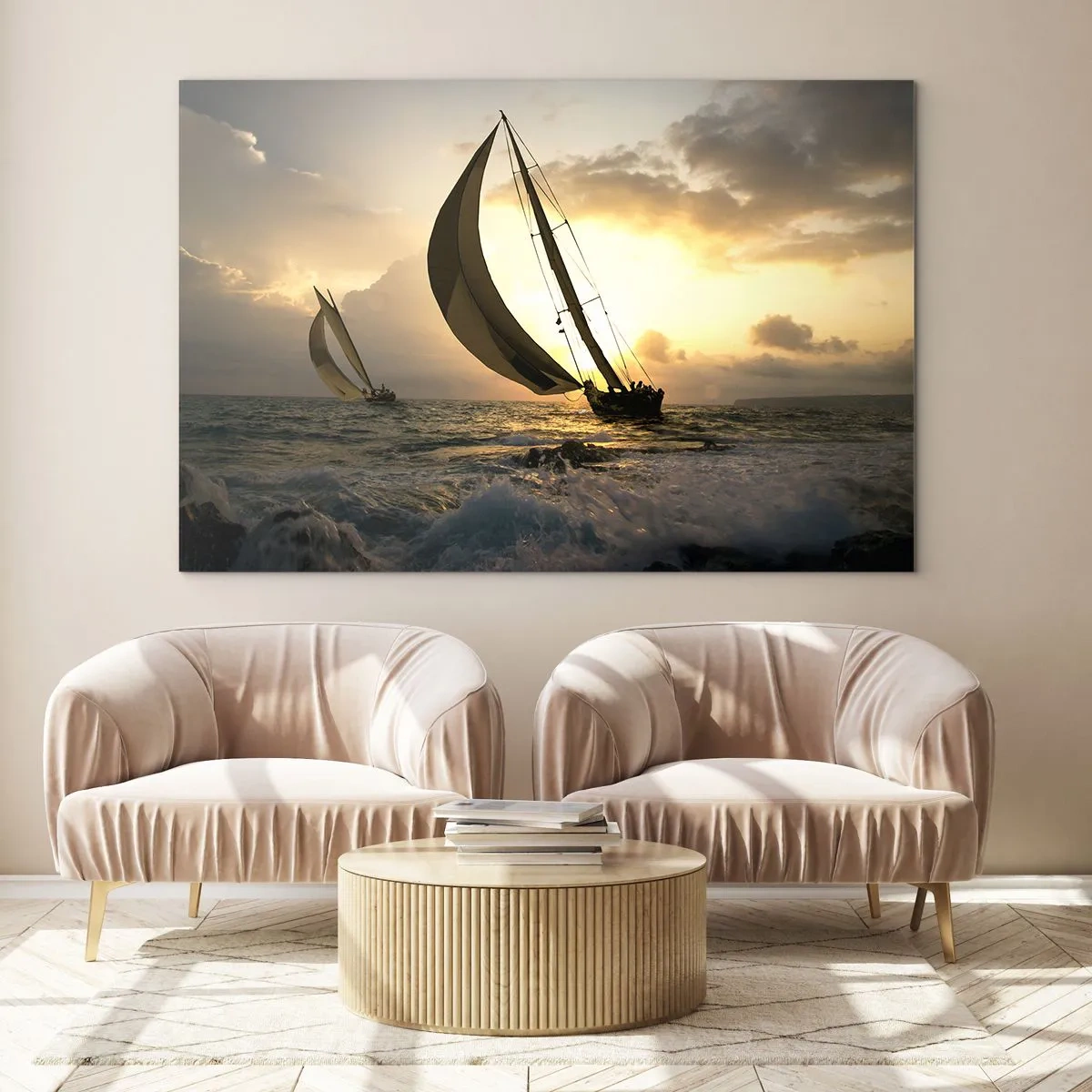 Quadro em vidro - Veleiros em um mar tempestuoso durante o pôr do sol - 70x50cm - Com o vento e contra o vento - Decoração de parede moderna para a sala de estar e quarto ARTTOR