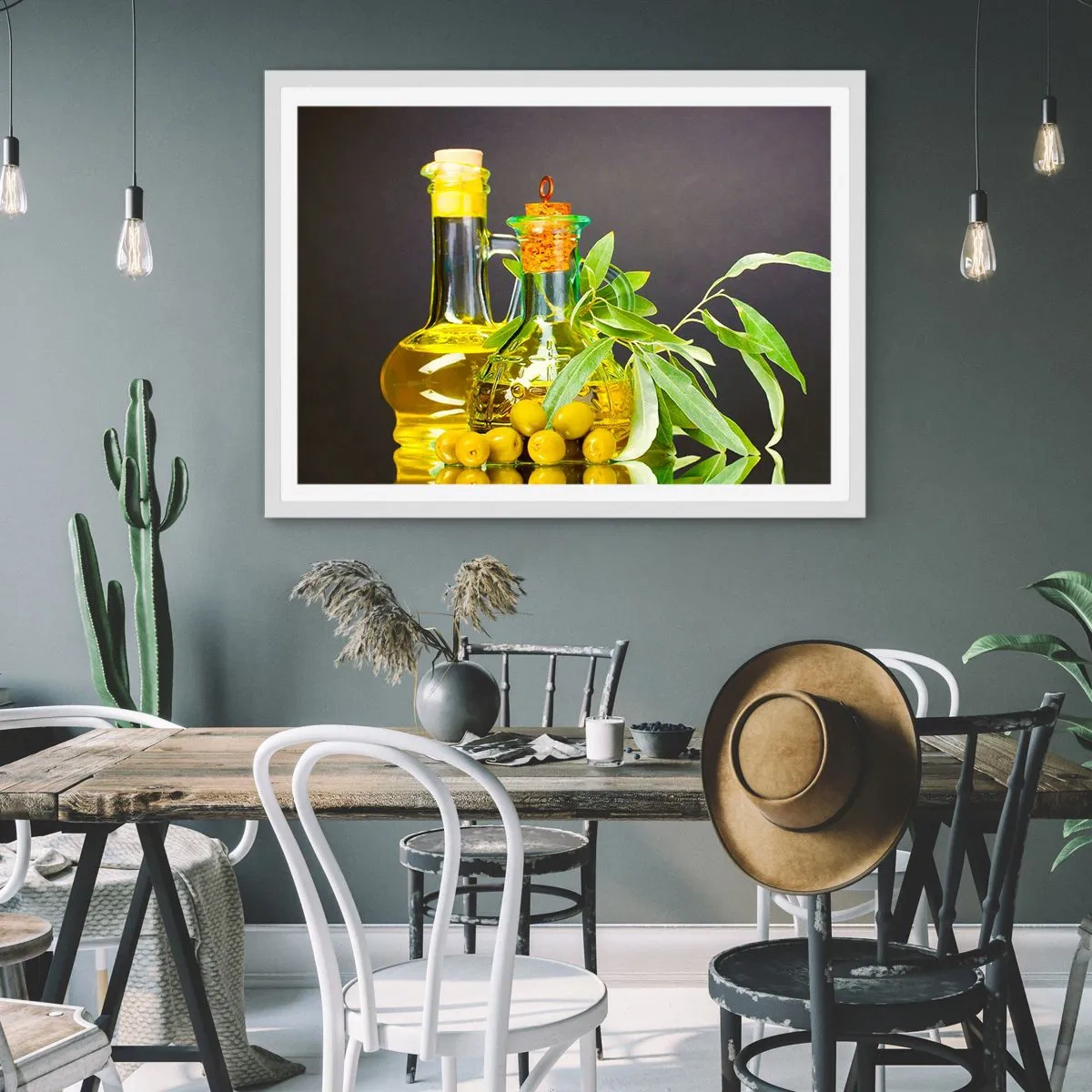 Pôster em moldura branca - Natureza morta com azeitonas e azeite - 50x40 cm