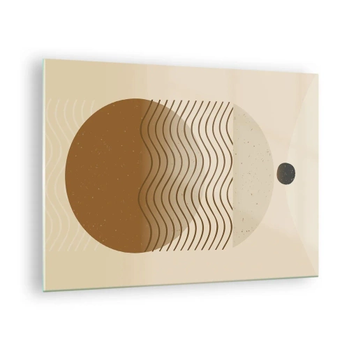 Quadro em vidro - Composição geométrica com ondas e círculos em cores bege - 70x50cm - Sobre a origem das figuras geométricas - Decoração de parede moderna para a sala de estar e quarto ARTTOR