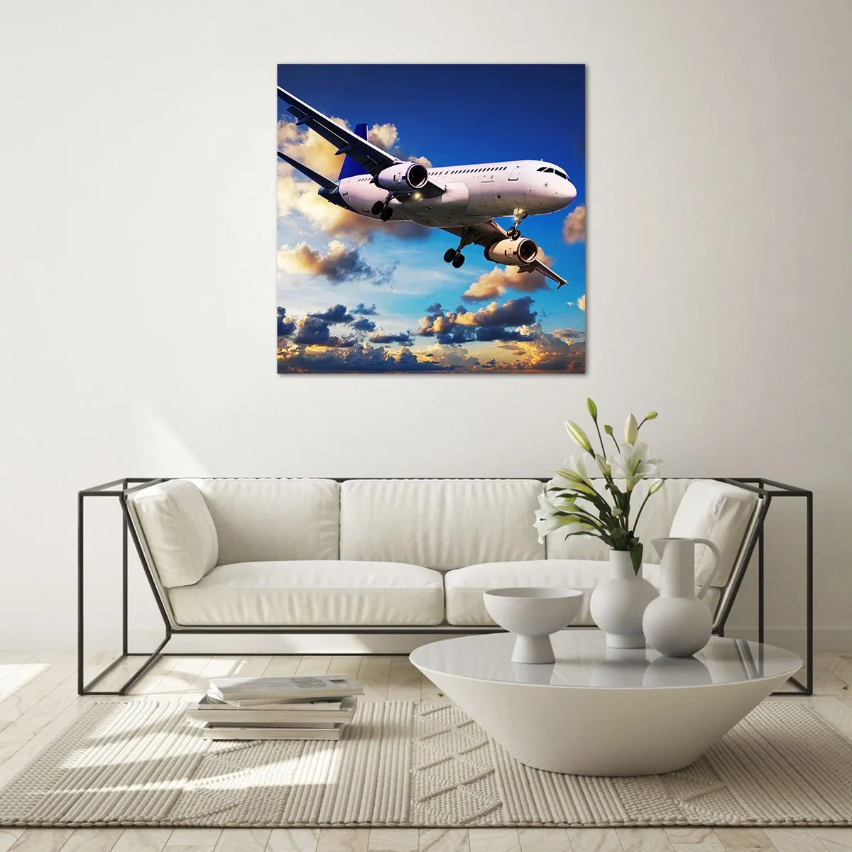 Quadro em vidro - Viagem em branco e azul - 70x70 cm