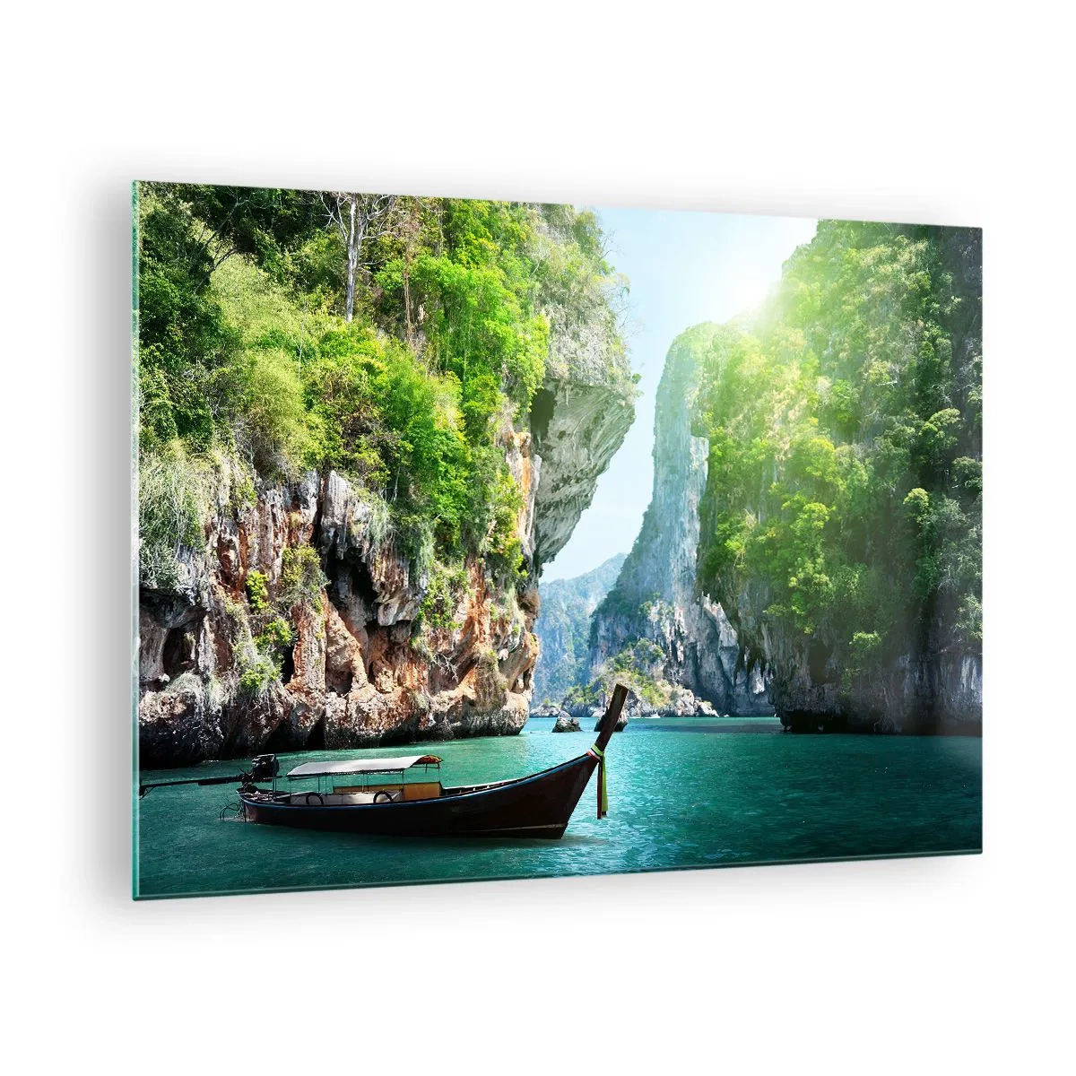 Quadro em vidro - Um barco tradicional em águas turquesas entre penhascos - 70x50cm - Um convite para uma viagem exótica - Decoração de parede moderna para a sala de estar e quarto ARTTOR