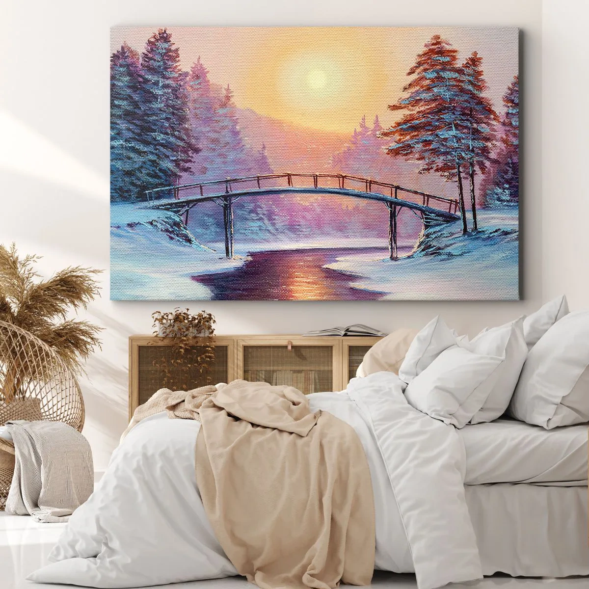 Quadro em tela - Paisagem de inverno com uma ponte iluminada pelo pôr do sol - 70x50cm - Quatro estações - inverno - Decoração de parede moderna para a sala de estar e quarto ARTTOR